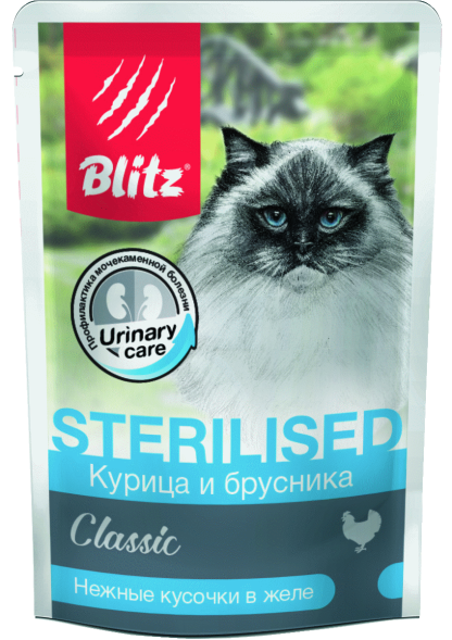 Blitz - Пауч для стерилизованных кошек, с Курицей и Брусникой, 85 гр