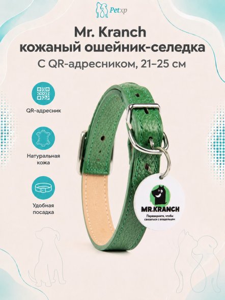Mr. Kranch - Ошейник-селедка для собак из натуральной кожи с QR-адресникомм, 21-25 см