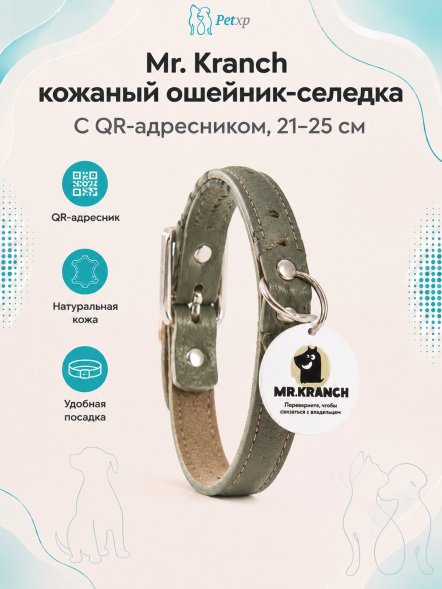 Mr. Kranch - Ошейник-селедка для собак из натуральной кожи с QR-адресникомм, 21-25 см