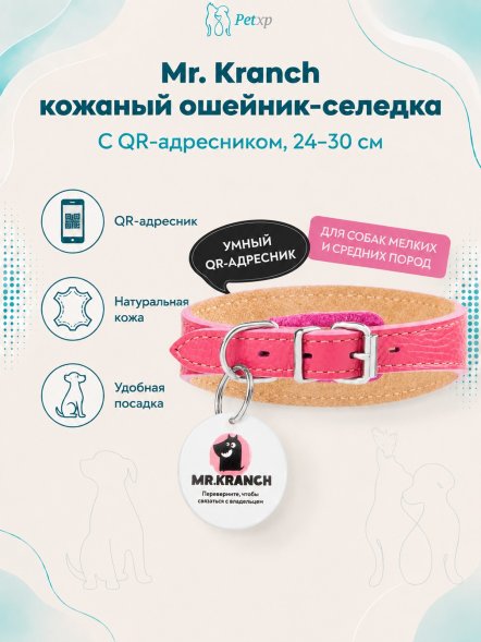Mr. Kranch - Ошейник-селедка для собак из натуральной кожи с QR-адресникомм, 24-30 см