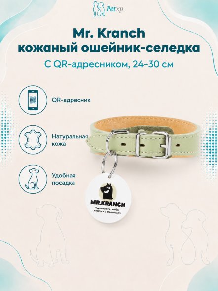 Mr. Kranch - Ошейник-селедка для собак из натуральной кожи с QR-адресникомм, 24-30 см