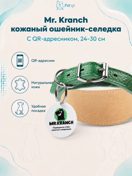 Mr. Kranch - Ошейник-селедка для собак из натуральной кожи с QR-адресникомм, 24-30 см
