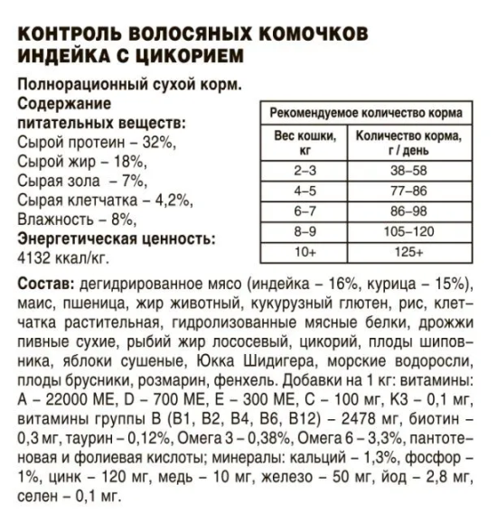 ZooRing Hairball Control - Сухой корм для кошек, индейка с цикорием (Adult Turkey &amp;amp; Chicory)