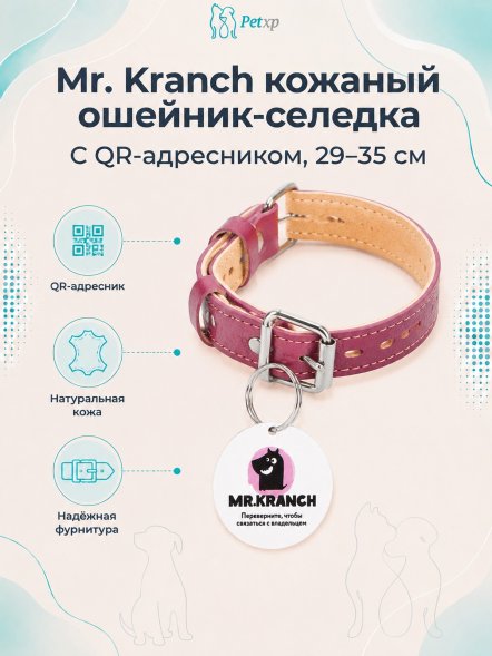Mr. Kranch - Ошейник-селедка для собак из натуральной кожи с QR-адресникомм, 29-35 см