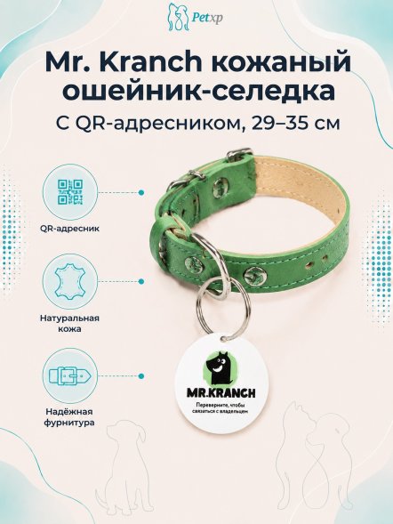 Mr. Kranch - Ошейник-селедка для собак из натуральной кожи с QR-адресникомм, 29-35 см