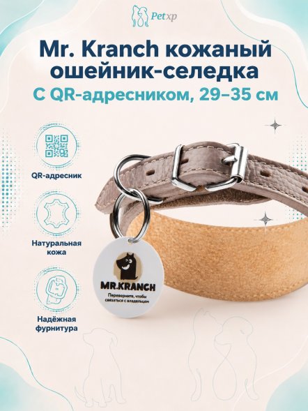 Mr. Kranch - Ошейник-селедка для собак из натуральной кожи с QR-адресникомм, 29-35 см