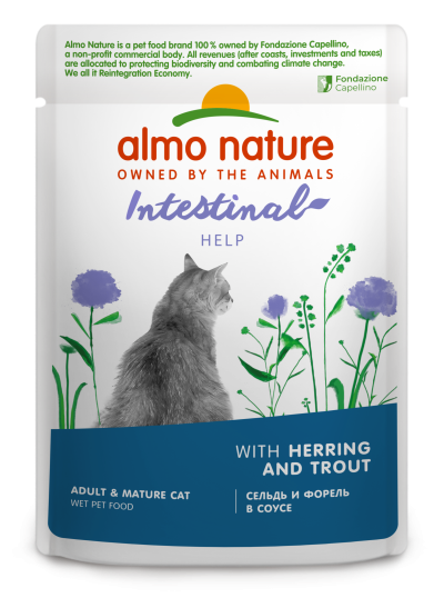 Almo Nature - Полнорационный консервированный корм для взрослых кошек, сельдь и форель в соусе 85г