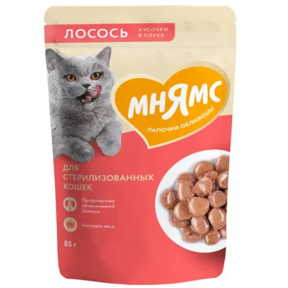 Мнямс - Пауч для стерилизованных кошек, кусочки в соусе с лососем 85г