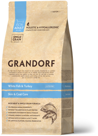 Grandorf Skin & Coat Fish &Turkey - Сухой корм для кошек, с белой рыбой и индейкой