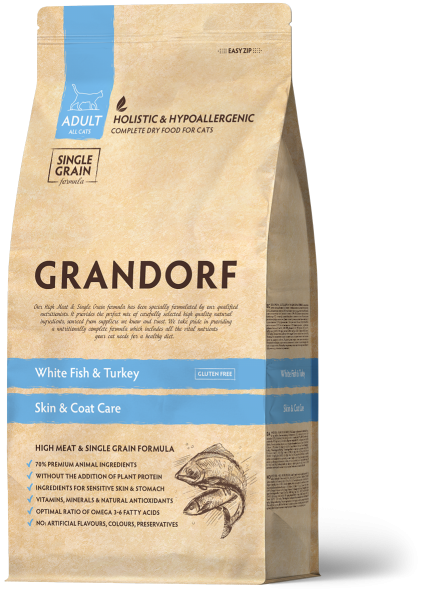 Grandorf Skin &amp;amp; Coat Fish &amp;amp;Turkey - Сухой корм для кошек, с белой рыбой и индейкой