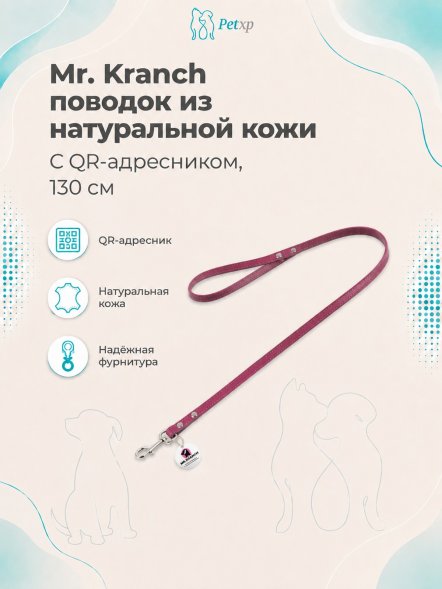 Mr. Kranch - Поводок для собак из натуральной кожи с QR-адресникомм, 130смм, 8 мм