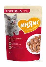 Мнямс - Пауч для активных кошек, кусочки в соусе с телятиной 85г