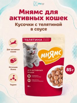 Мнямс - Пауч для активных кошек, кусочки в соусе с телятиной 85г