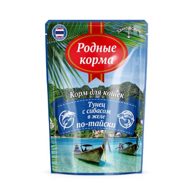 Родные Корма - Заморские паучи для кошек, тунец с сибасом в желе по-тайски 70 гр