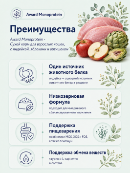 Award Monoprotein - Сухой корм для взрослых кошек, с индейкой, яблоками и артишоком