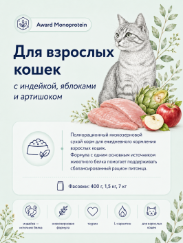 Award Monoprotein - Сухой корм для взрослых кошек, с индейкой, яблоками и артишоком