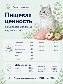 Award Monoprotein - Сухой корм для взрослых кошек, с индейкой, яблоками и артишоком