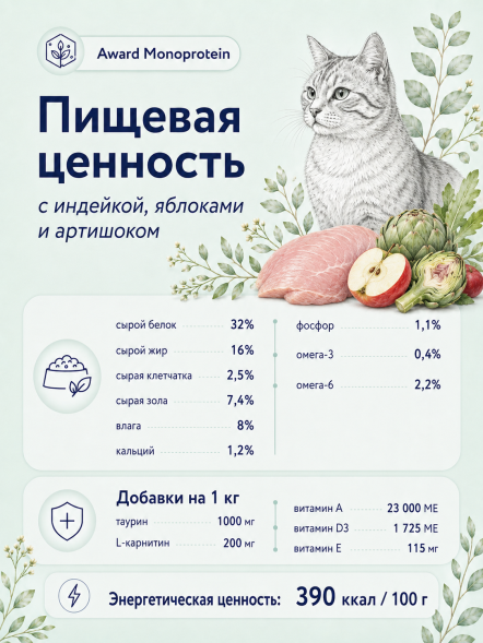 Award Monoprotein - Сухой корм для взрослых кошек, с индейкой, яблоками и артишоком