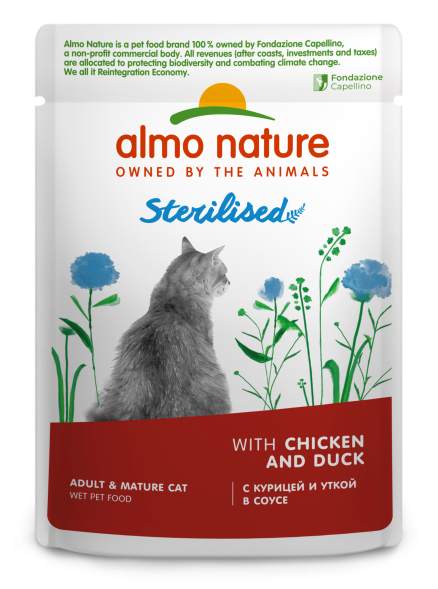 Almo Nature - Полнорационный консервированный корм для стерилизованных кошек с курицей и уткой в соусе 85г