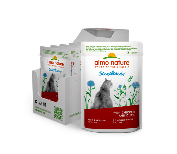 Almo Nature - Полнорационный консервированный корм для стерилизованных кошек с курицей и уткой в соусе 85г