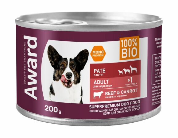 Award - Влажный корм для взрослых собак паштет из говядины с морковью 200г