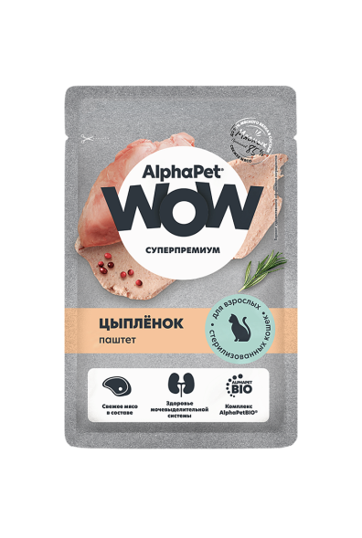 AlphaPet WOW Superpremium - Паштет для стерилизованных кошек с цыпленком, пауч, 85 г