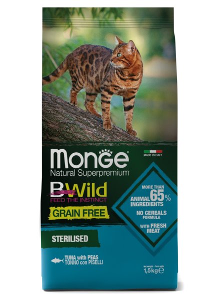 Monge BWild Grain Free Sterilised - Беззерновой корм для стерилизованных кошек, из тунца и гороха 1,5кг