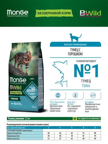 Monge BWild Grain Free Sterilised - Беззерновой корм для стерилизованных кошек, из тунца и гороха 1,5кг
