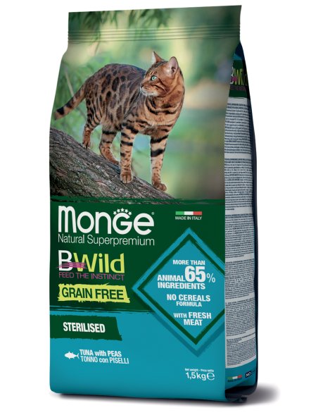 Monge BWild Grain Free Sterilised - Беззерновой корм для стерилизованных кошек, из тунца и гороха 1,5кг