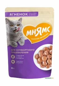 Мнямс - Пауч для комфортного пищеварения у кошек, кусочки в соусе с ягненком 85г