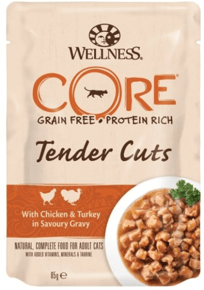 Wellness Core Tender Cuts - Паучи из курицы с индейкой в виде нарезки в соусе для кошек 85 г
