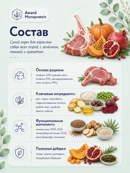 Award Monoprotein - Сухой корм для взрослых собак всех пород, с ягнёнком, тыквой и гранатом