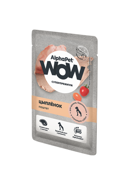 AlphaPet WOW Superpremium - Паштет для щенков, беременных и кормящих собак с цыпленком, пауч, 85 г