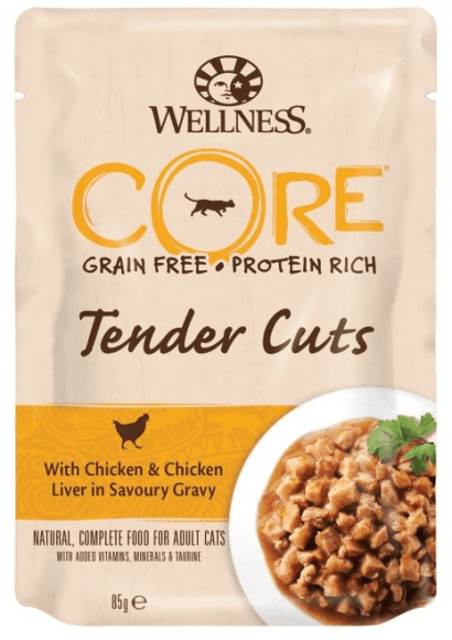 Wellness Core Tender Cuts - Паучи из курицы с куриной печенью в виде нарезки в соусе для кошек 85 г
