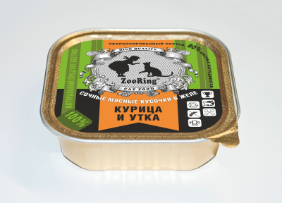 ZooRing - Консервы для кошек, кусочки в желе, Курица и утка, 100 гр