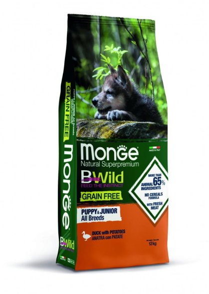 Monge BWild Grain Free - Сухой корм для щенков всех пород, с мясом утки 12 кг (Puppy&amp;amp;Junior)