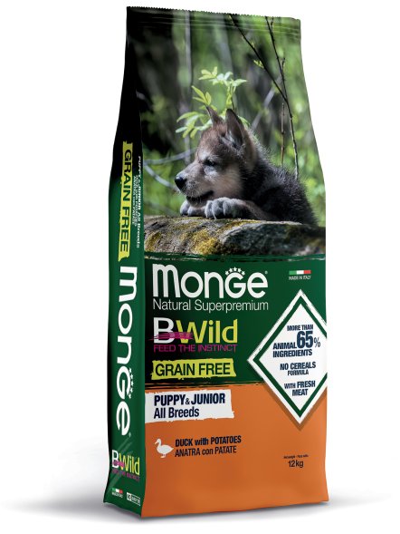 Monge BWild Grain Free - Сухой корм для щенков всех пород, с мясом утки 12 кг (Puppy&amp;amp;Junior)