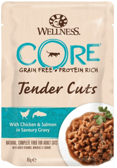 Wellness Core Tender Cuts - Паучи из курицы с лососем в виде нарезки в соусе для кошек 85 г