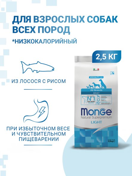 Monge Light - Корм для собак всех пород, лосось с рисом, низкокалорийный