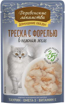 Деревенские Лакомства - Пауч для кошек с треской и форелью в нежном желе, 70 г