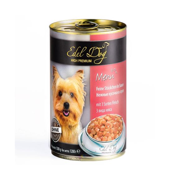 Edel Dog - Консервы для собак, нежные кусочки в соусе, 3 вида мяса
