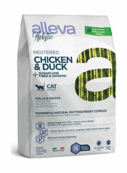 Alleva Holistic Neutered - Сухой корм для взрослых стерилизованных кошек, беззерновой, курица с уткой, волокнами сахарного тростника и женьшенем