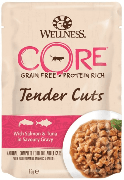 Wellness Core Tender Cuts - Паучи из лосося с тунцом в виде нарезки в соусе для кошек 85 г