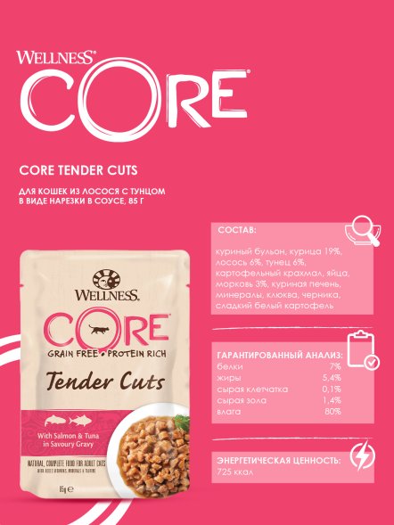 Core Tender Cuts - Паучи из лосося с тунцом в виде нарезки в соусе для кошек 85 г