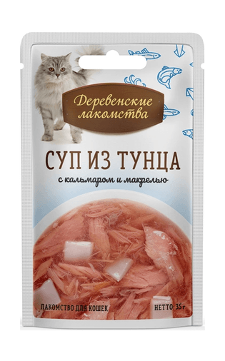 Деревенские лакомства - паучи для кошек, Суп с тунцом, макрель, кальмар 35гр