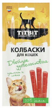 TiTBiT - Колбаски для кошек двойное удовольствие с цыпленком и печенью, блистер, 15г