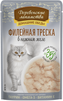 Деревенские Лакомства - Пауч для кошек с филейной треской в нежном желе, 70 г