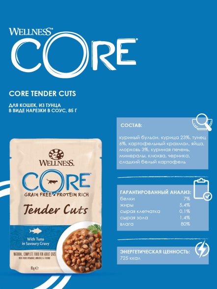 Core Tender Cuts - Паучи из тунца в виде нарезки в соусе для кошек 85 г