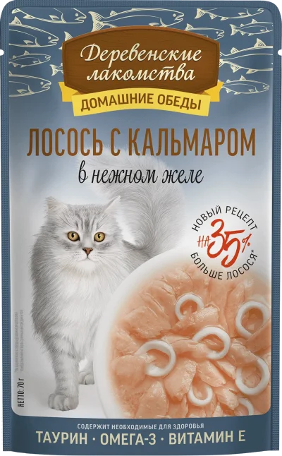 Деревенские Лакомства - Консервы для кошек, Лосось с Кальмаром в нежном желе, 70 гр