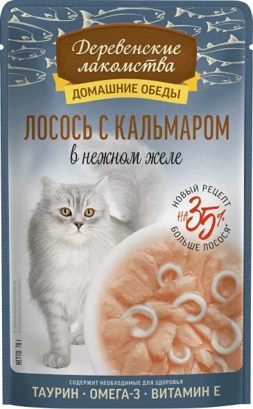 Деревенские Лакомства - Консервы для кошек, Лосось с Кальмаром в нежном желе, 70 гр